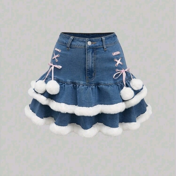Women's Cute Furry Patchwork Ribbon Drawstring Ball Denim Mini Skirt - Picture 1 of 4
